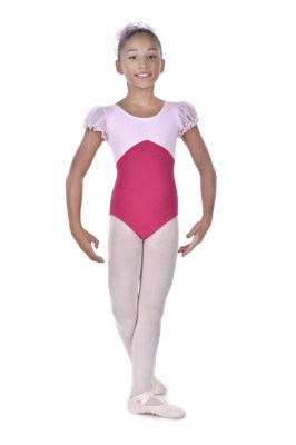 Girls bicoloured puff sleeved leotard pinched key hole